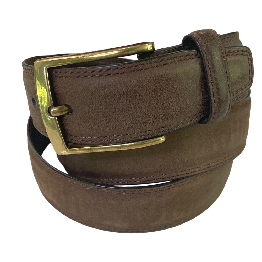 Lands End Mens Belt Nubuck Leather‎ Gold Buckle 38 Brown Casual Classic Academia